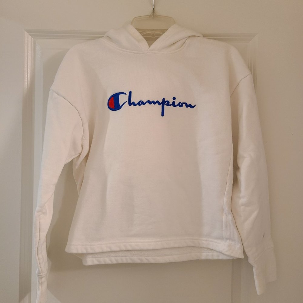 Champion Logo White Hooded Sweatshirt Girls Size L